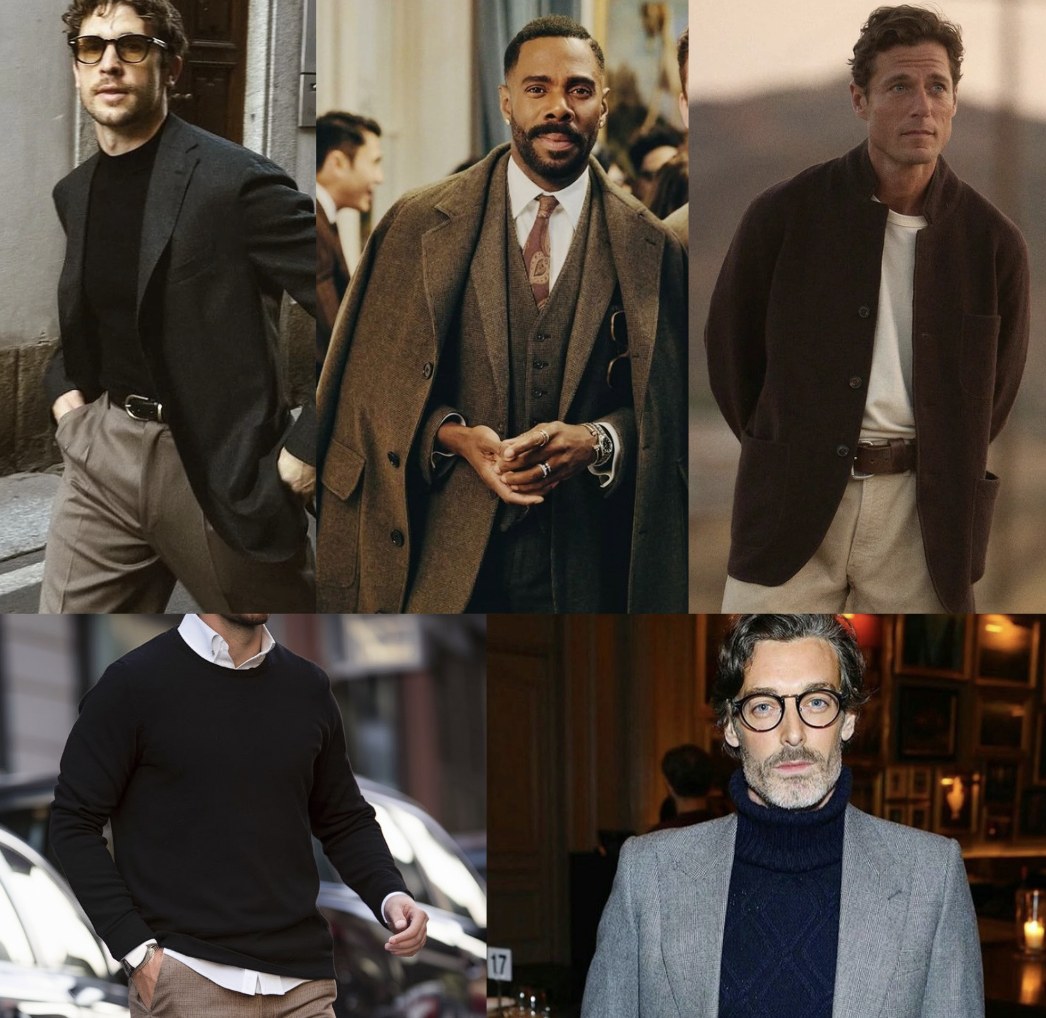 Five men in tailored, layered outfits: a dark blazer with tinted glasses, a brown three-piece suit with overcoat, a wool chore jacket, a navy crewneck over a white shirt, and a grey blazer over a navy turtleneck