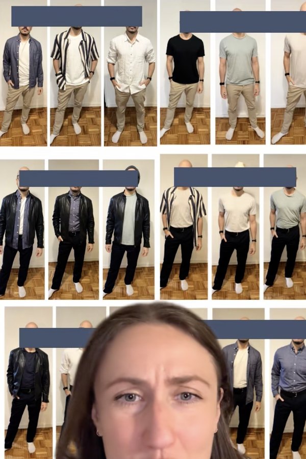 Client fit guide: a grid of outfit combinations built from a few core pieces