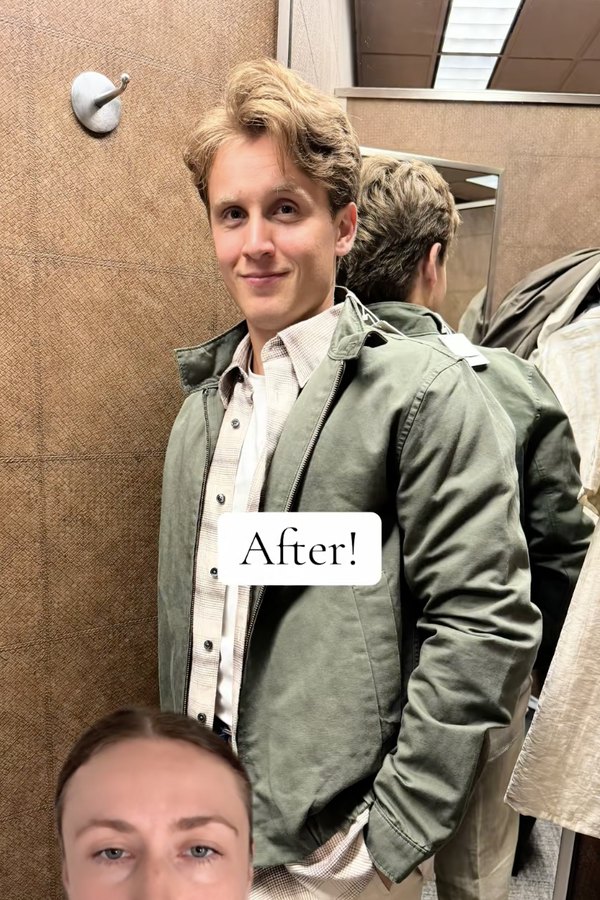 Styling client before and after: a man in an olive jacket over a checked shirt, labeled After