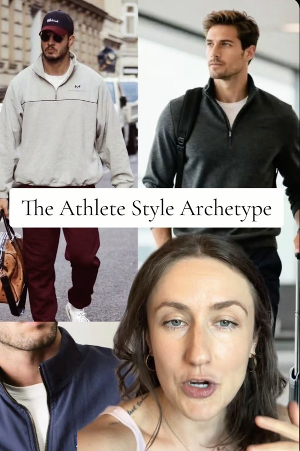 The Athlete Style Archetype: a collage of men in sporty zip-neck pullovers and jackets