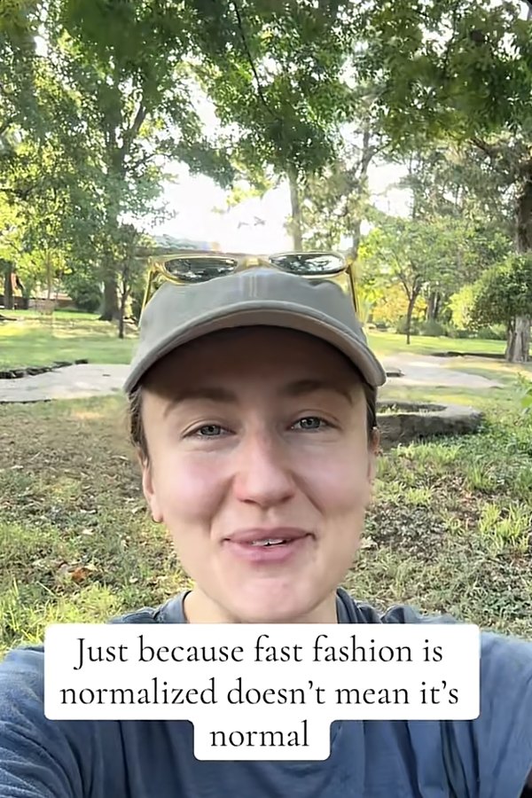 Anya outdoors in a cap: just because fast fashion is normalized doesn't mean it's normal