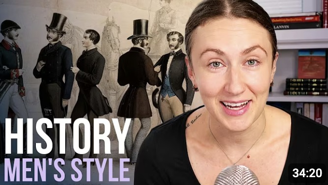 Anya Shakh presenting Philosophy of Men’s Style Part 1, with illustrated 19th-century menswear behind her